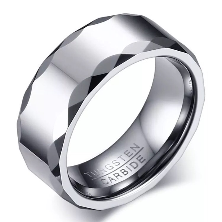 Tungsten Carbide Silver 8mm Band Beveled Ridged Edges Mens Womens Unisex